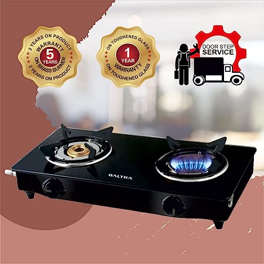 Baltra Glimmer Glass Top Gas Stove 2 Brass Burner Manual Ignition, Black (ISI Certified 2 year warranty with Doorstep Service) Baltra Glimmer Glass Top Gas Stove 2 Brass Burner Manual Ignition, Black (ISI Certified 2 year warranty with Doorstep Service)